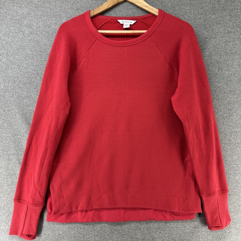 Athleta Sweatshirt Womens Small Red Cozy Fleece Crewneck Thumbholes Pullover Top